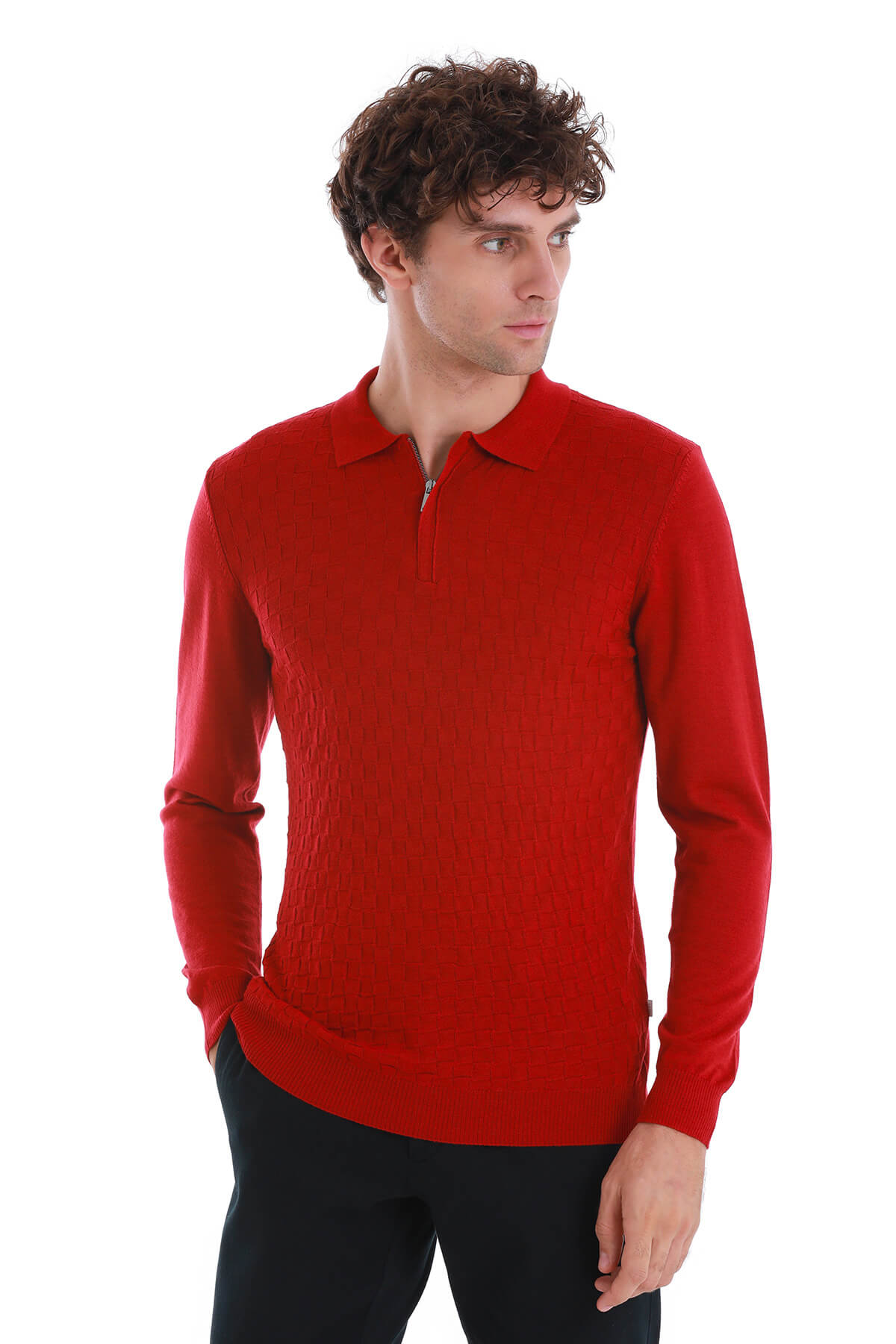 Regular Fit Wool Blend Jacquard Red Polo Sweater - SAYKI