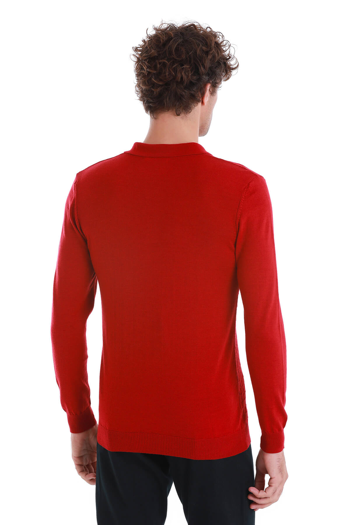 Regular Fit Wool Blend Jacquard Red Polo Sweater - SAYKI