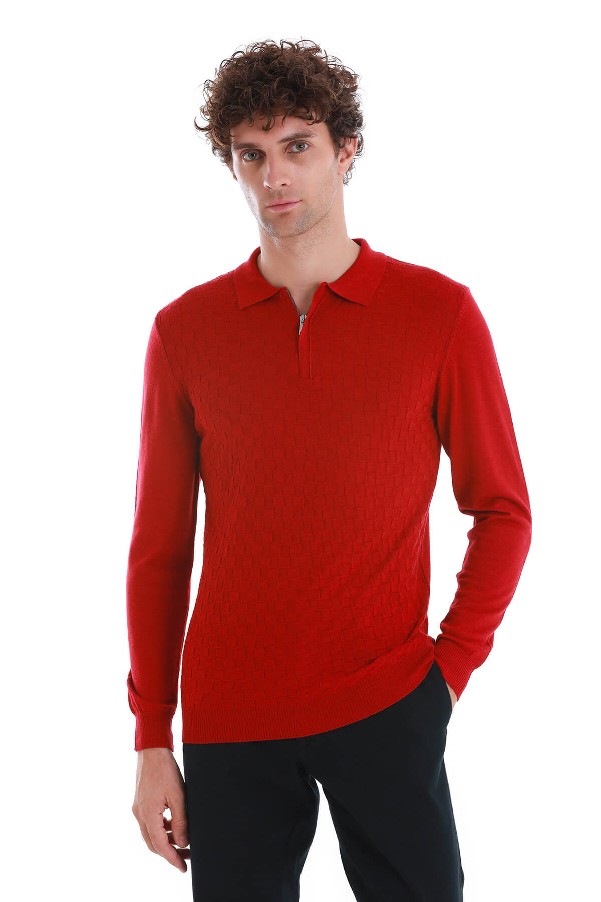 Regular Fit Wool Blend Jacquard Red Polo Sweater - SAYKI