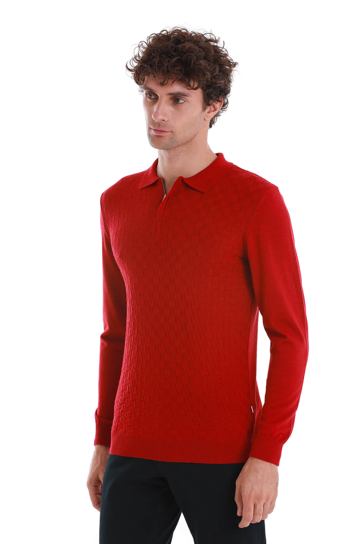 Regular Fit Wool Blend Jacquard Red Polo Sweater - SAYKI