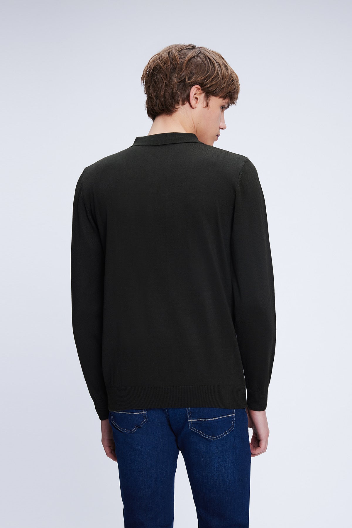 Regular Fit Wool Blend Khaki Polo Collar Sweater - SAYKI