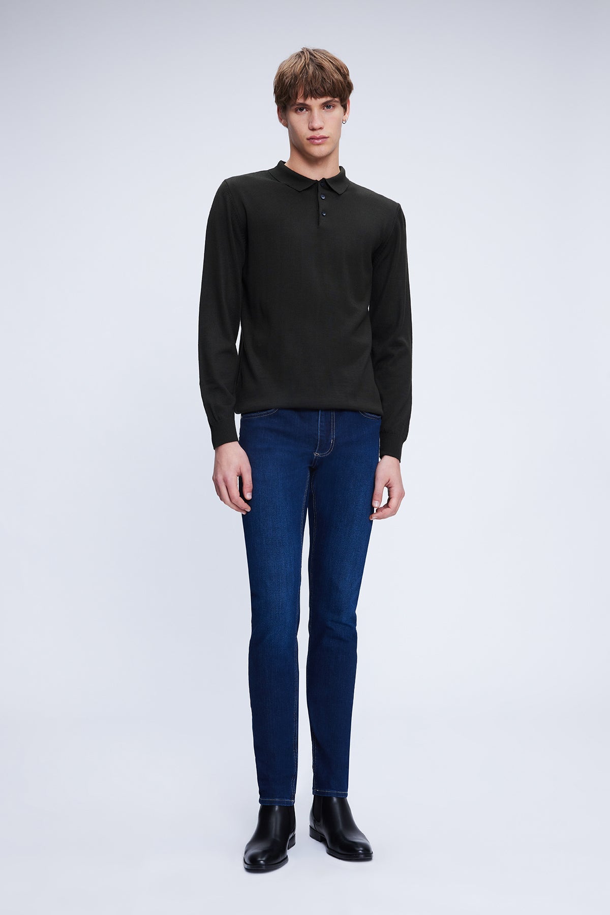 Regular Fit Wool Blend Khaki Polo Collar Sweater - SAYKI