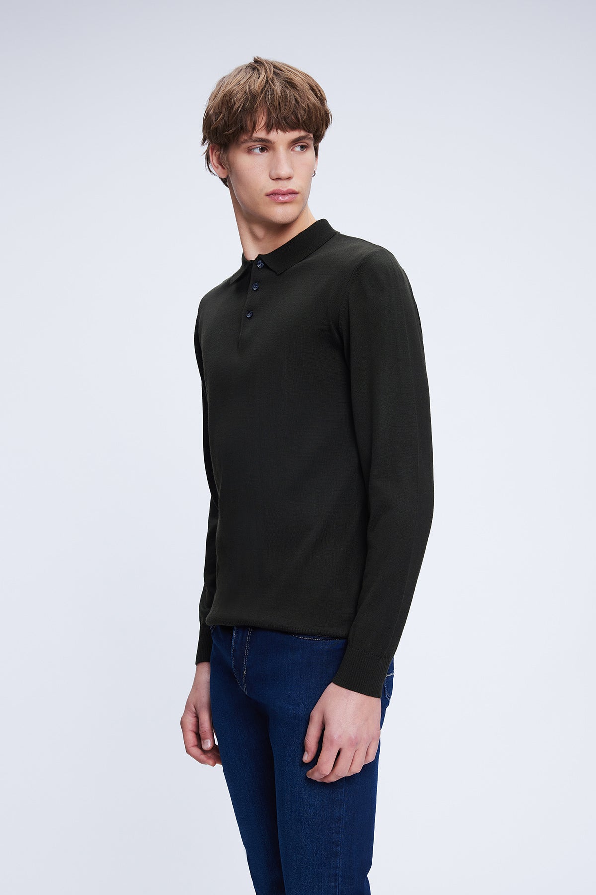 Regular Fit Wool Blend Khaki Polo Collar Sweater - SAYKI