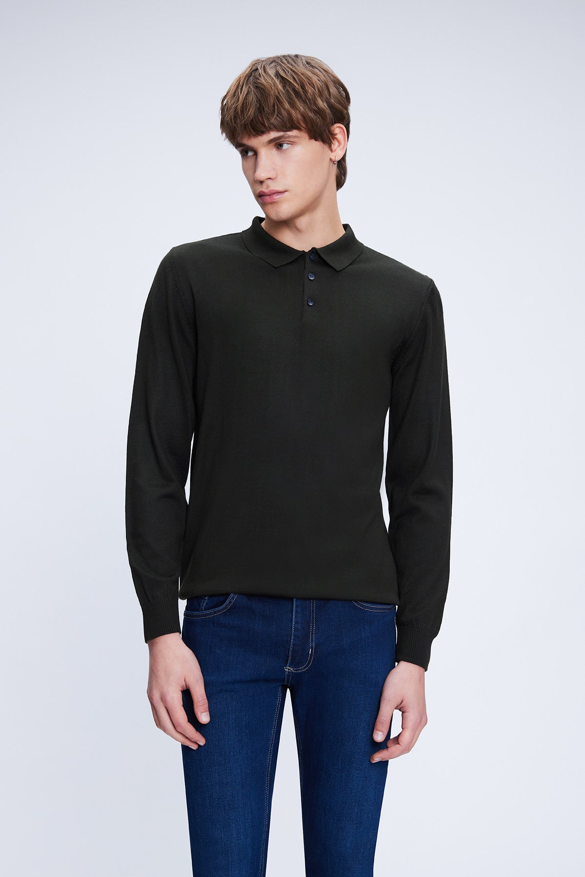 Regular Fit Wool Blend Khaki Polo Collar Sweater - SAYKI