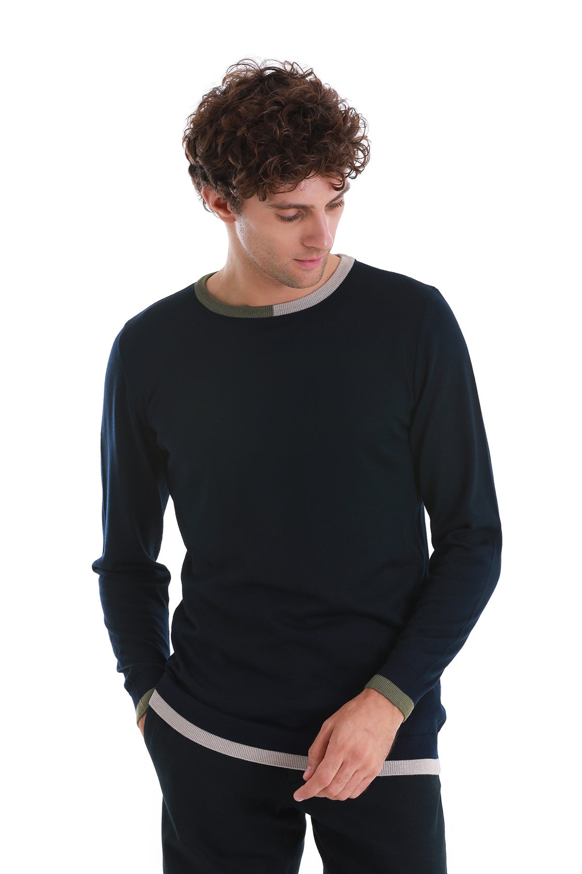 Regular Fit Wool Blend Navy Crewneck Sweater - SAYKI