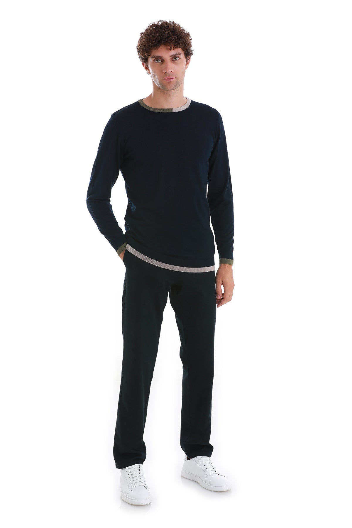Regular Fit Wool Blend Navy Crewneck Sweater - SAYKI
