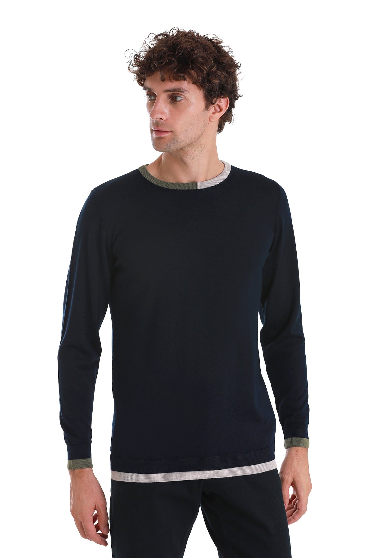 Regular Fit Wool Blend Navy Crewneck Sweater - SAYKI