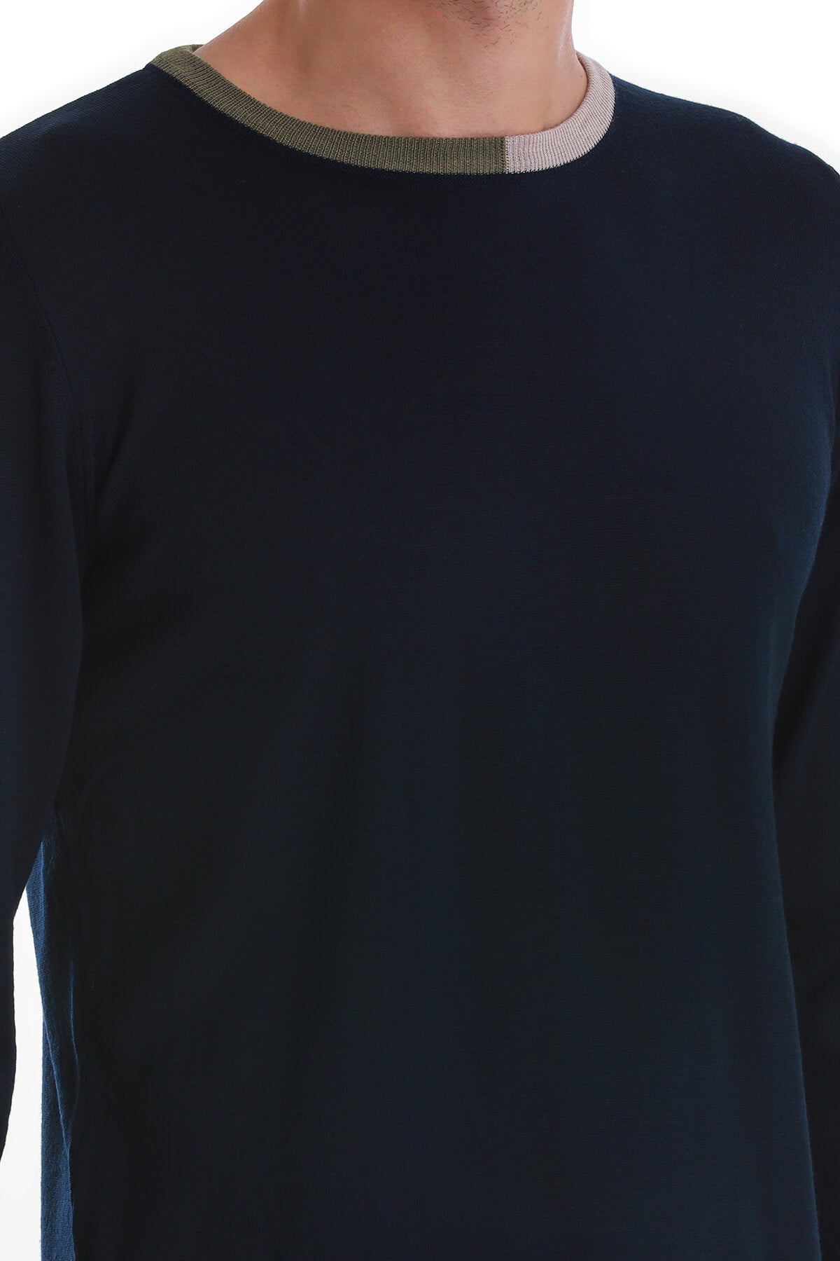 Regular Fit Wool Blend Navy Crewneck Sweater - SAYKI