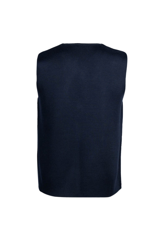 A sleek navy blue sleeveless vest with a subtle textured weave.