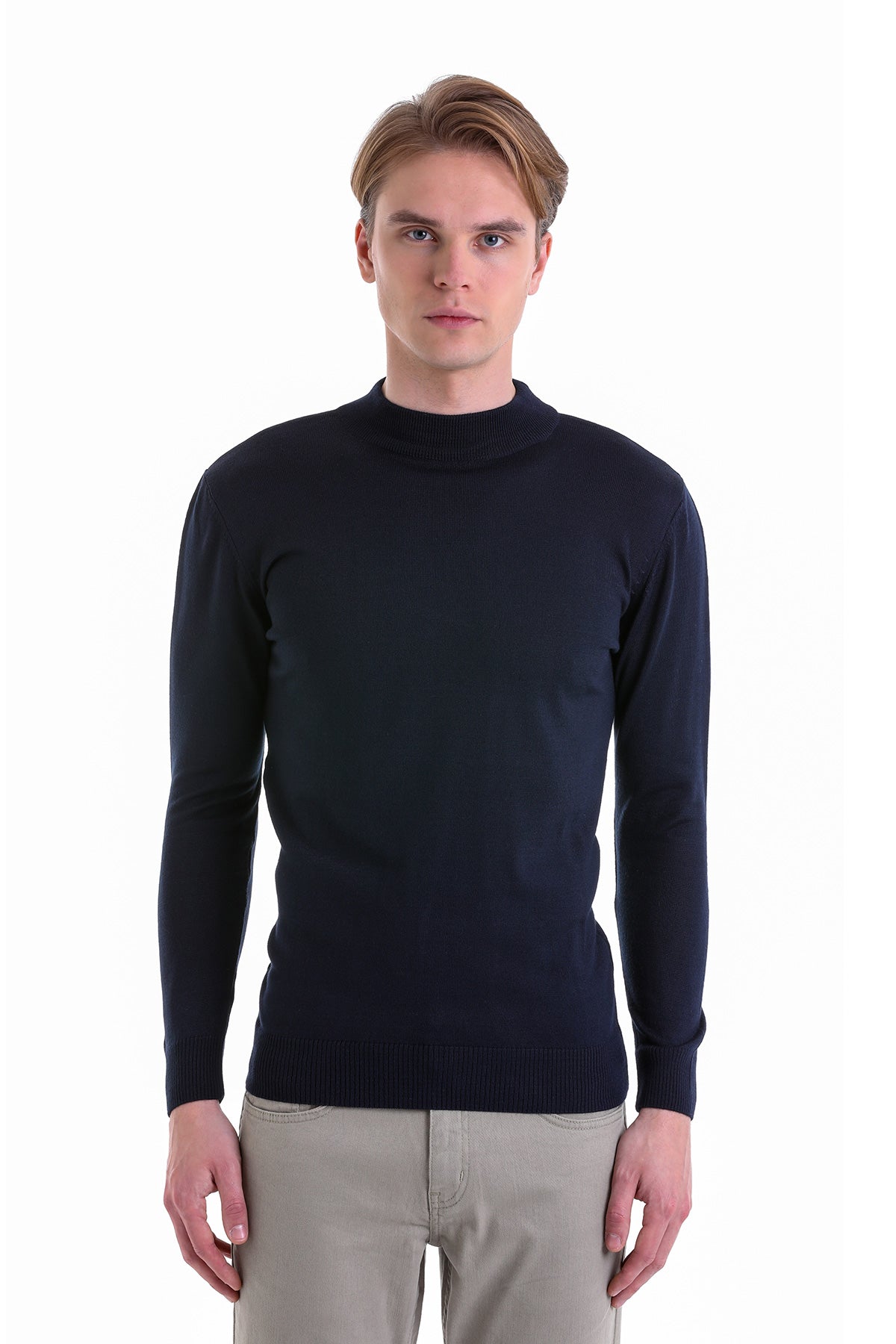 Regular Fit Wool Blend Navy Mock Neck Sweater - SAYKI