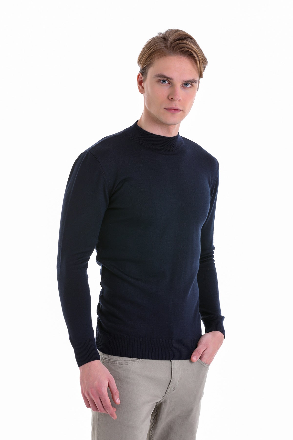 Navy blue ribbed knit turtleneck sweater