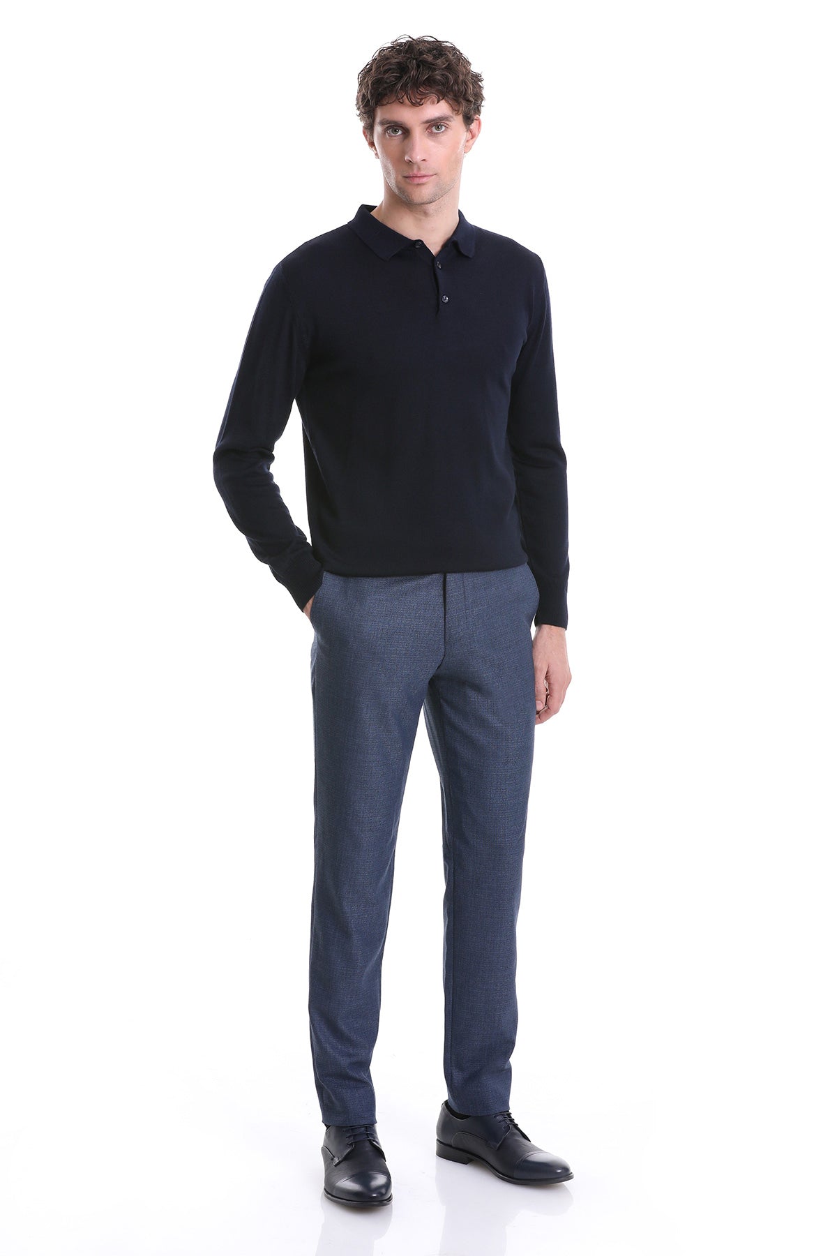 Regular Fit Wool Blend Navy Polo Sweater - SAYKI