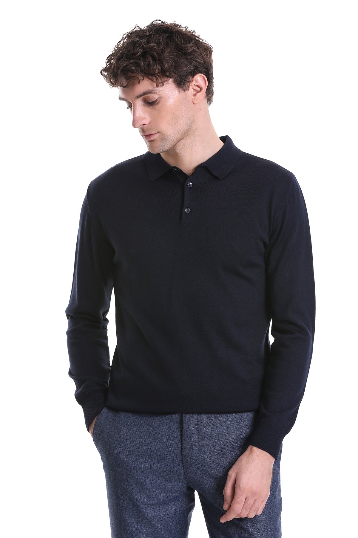 Regular Fit Wool Blend Navy Polo Sweater - SAYKI