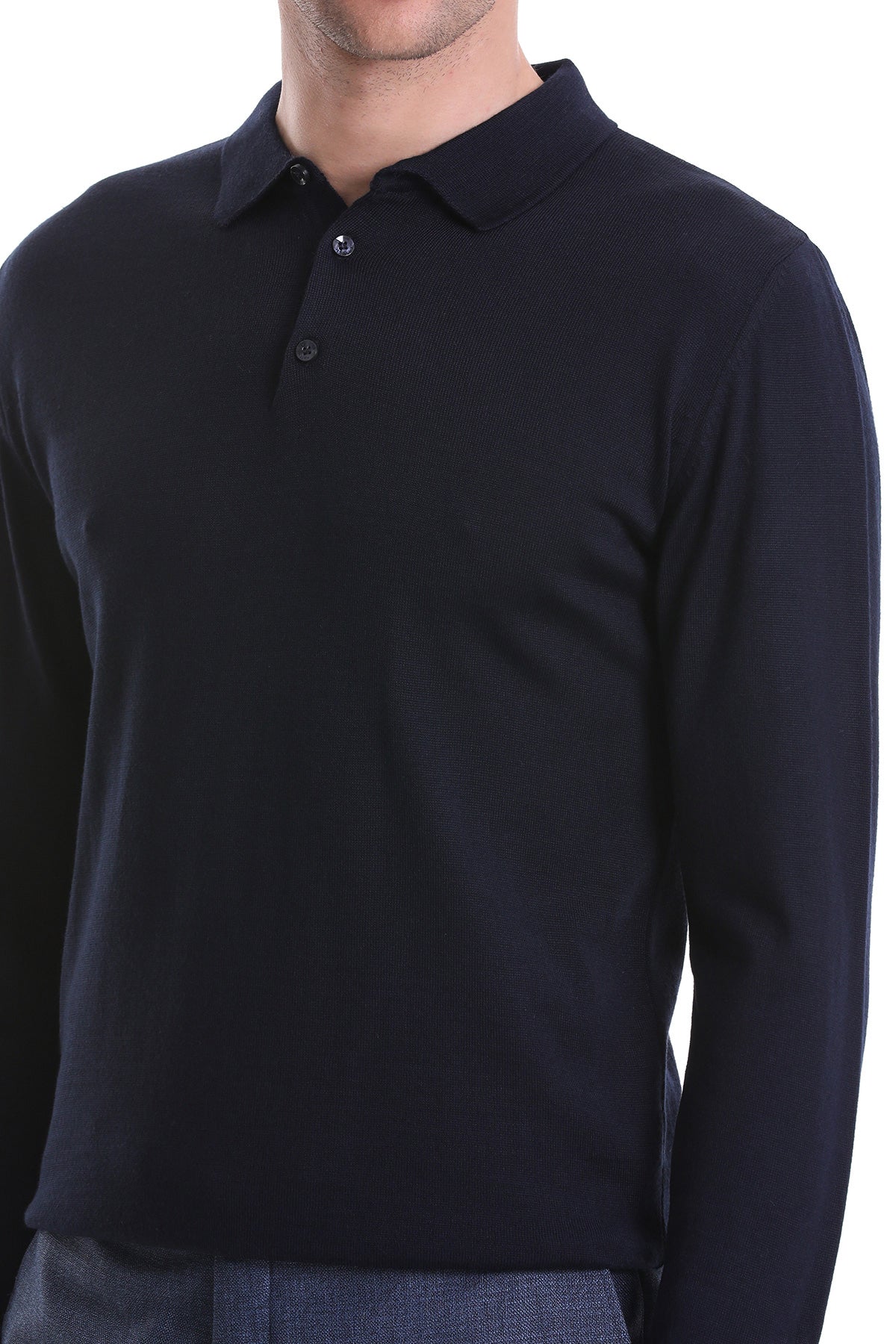 Regular Fit Wool Blend Navy Polo Sweater - SAYKI