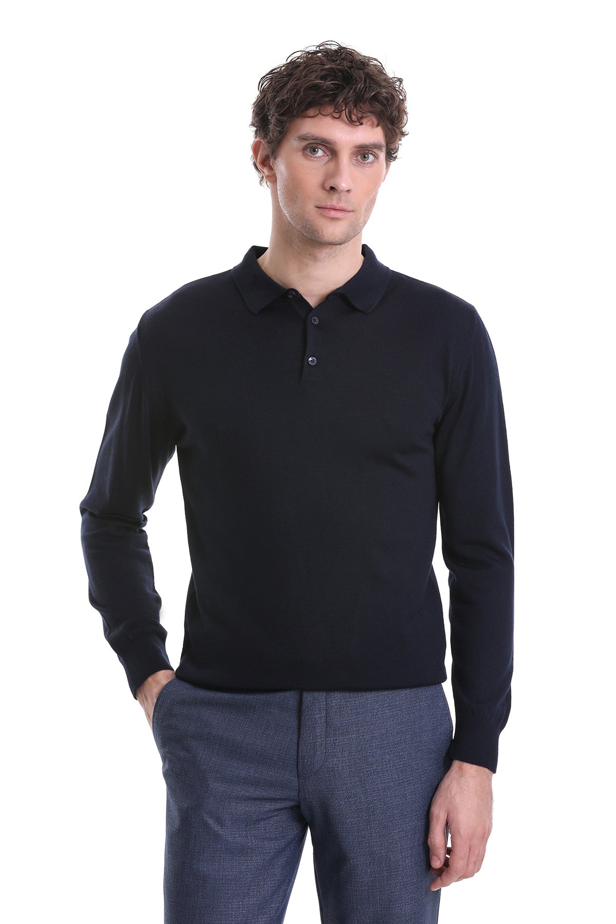 Black long-sleeved polo shirt with a classic collar and buttoned placket.