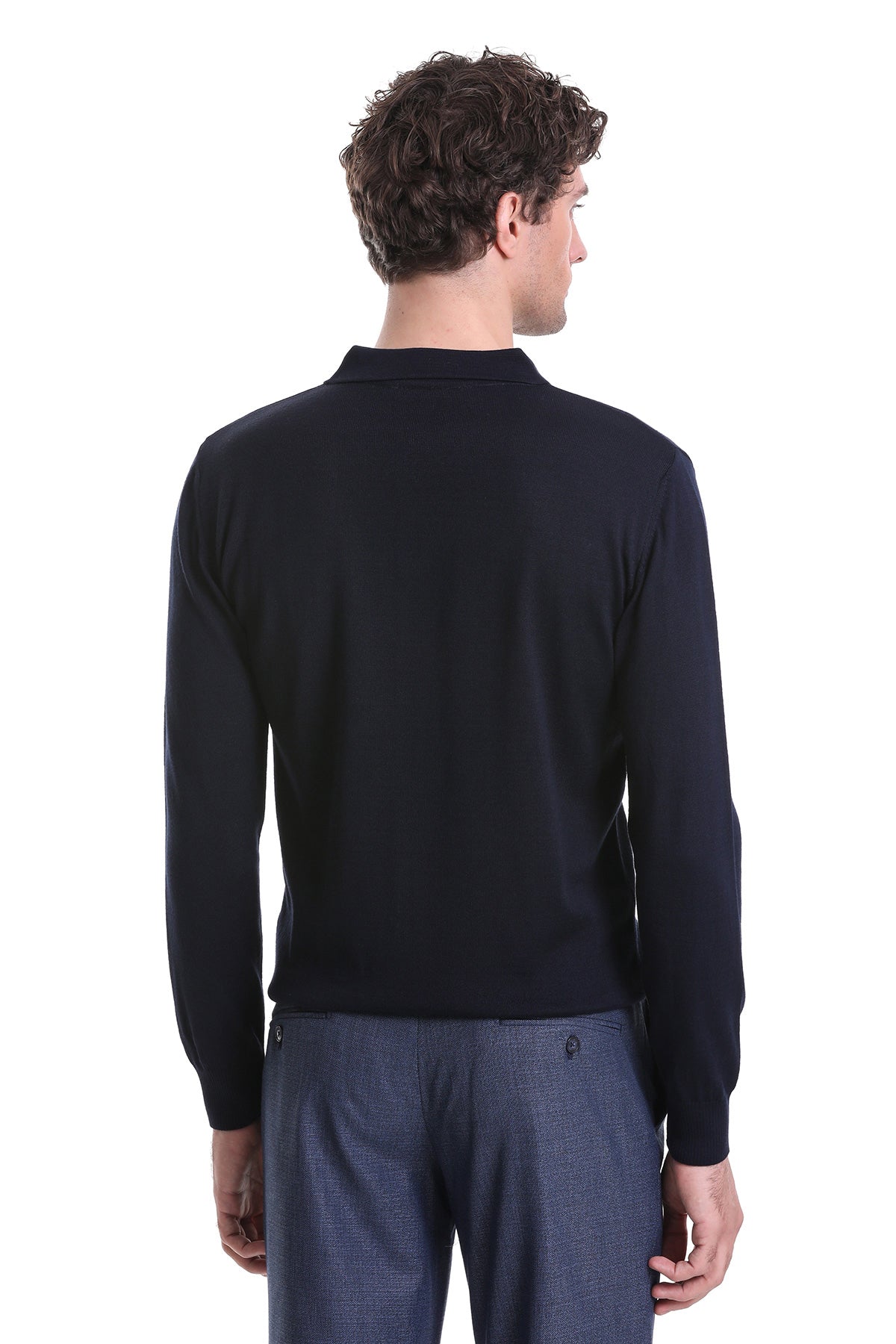 Regular Fit Wool Blend Navy Polo Sweater - SAYKI