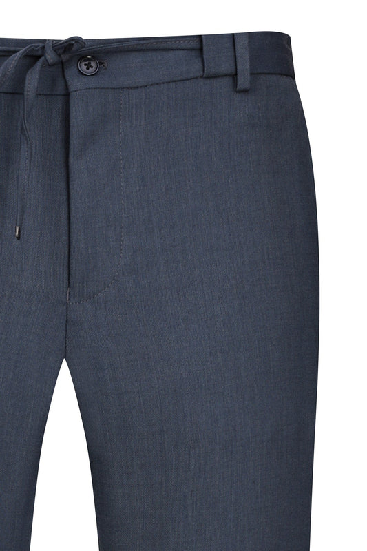 Dark blue textured wool blend trousers with a drawstring waistband and button closure.