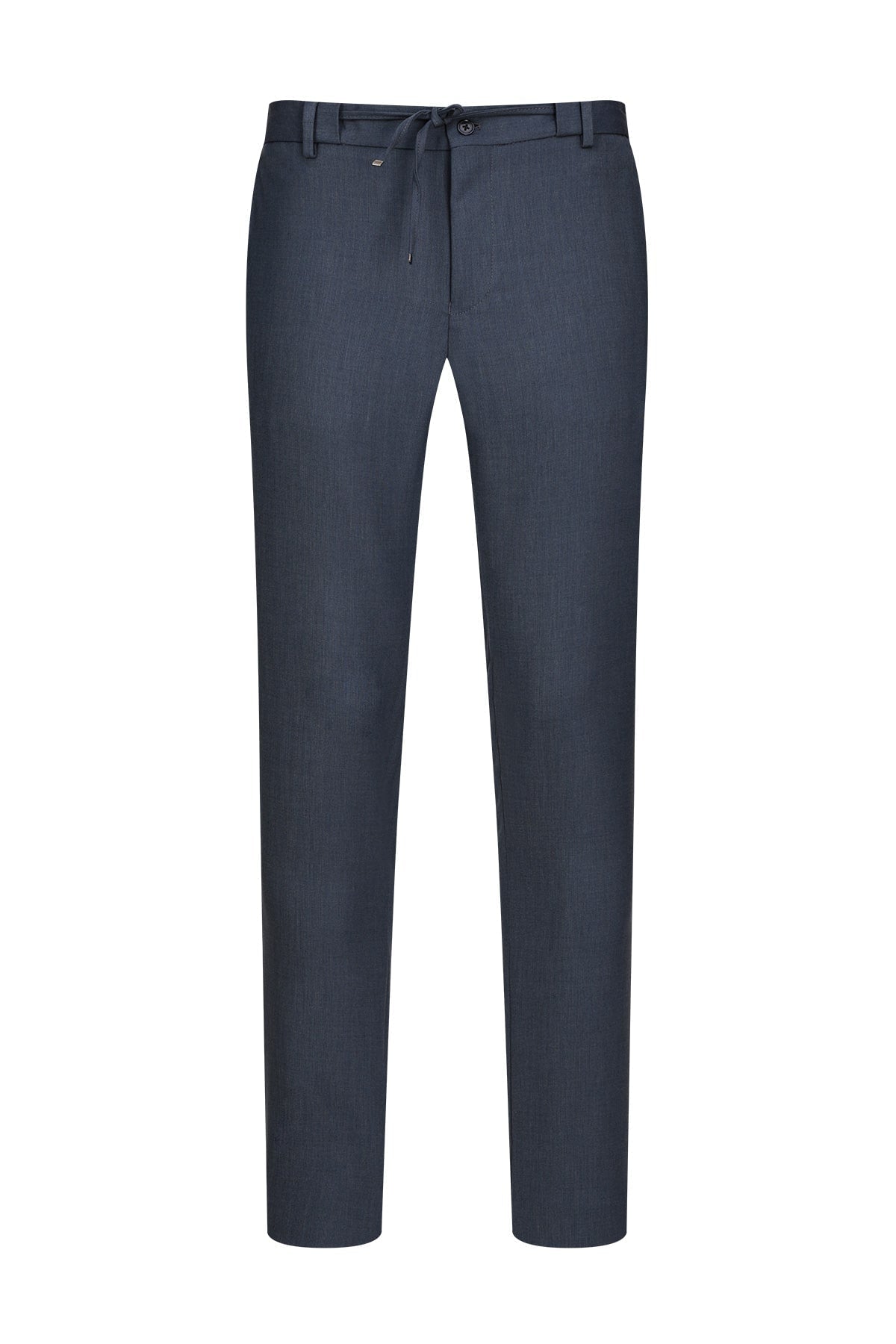 Dark navy blue men’s dress pants with a drawstring waistband and subtle stitching details.
