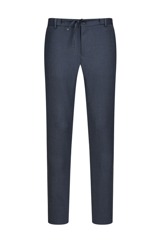 Dark navy blue men’s dress pants with a drawstring waistband and subtle stitching details.