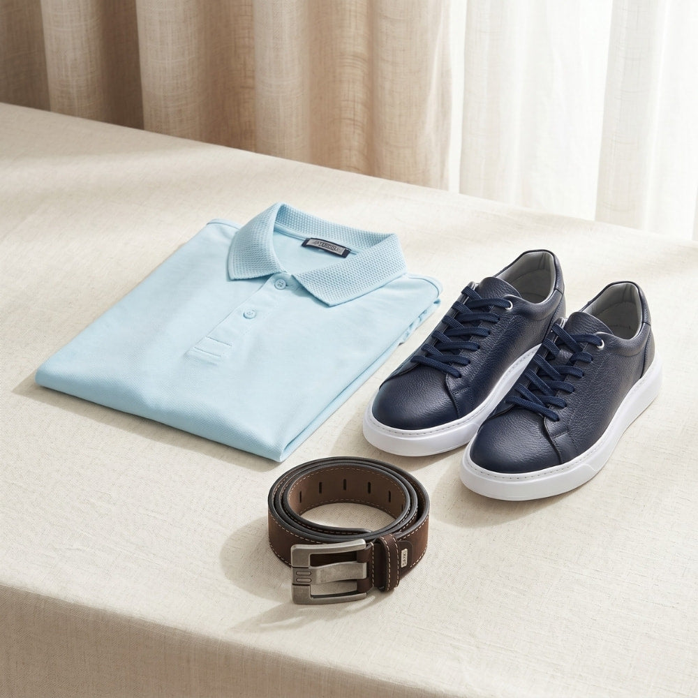 Light blue polo shirt, navy sneakers, and brown belt on a light surface with a neutral curtain background.