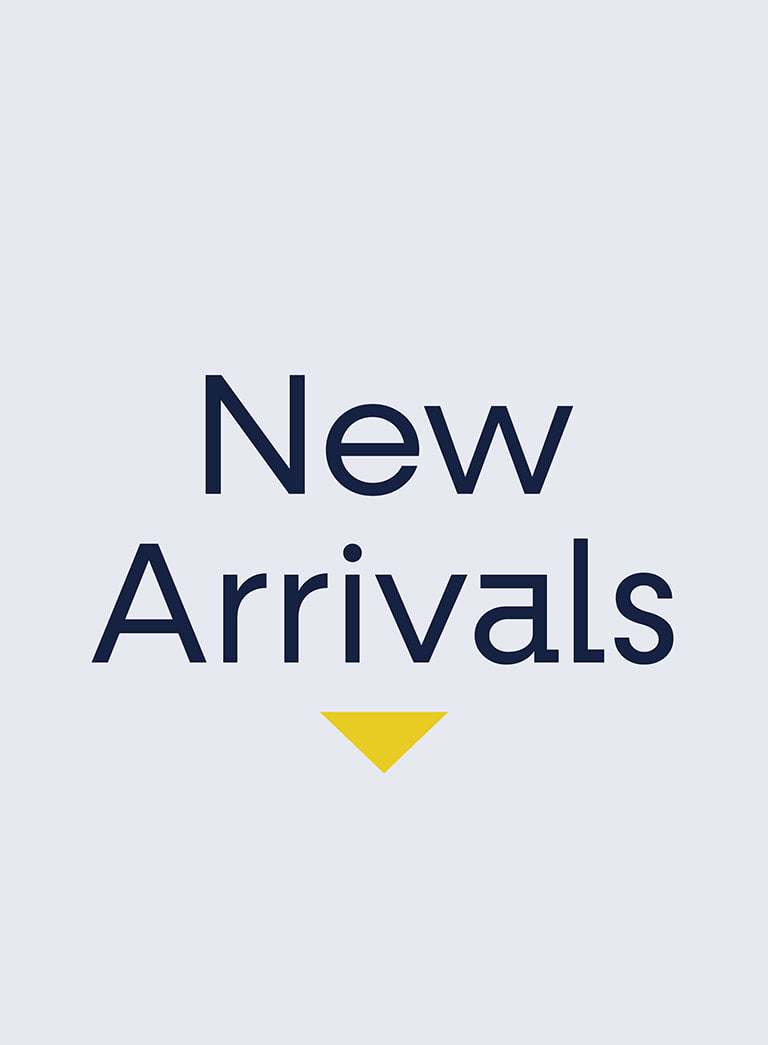 Text 'New Arrivals' with a yellow triangle on a light gray background