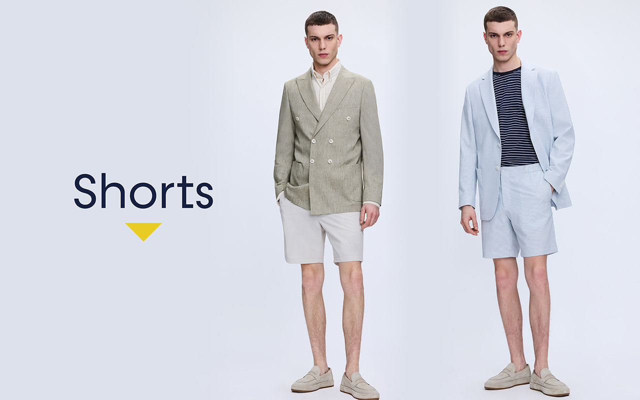 Two men wearing suits with shorts on a white background, with 'Shorts' text.