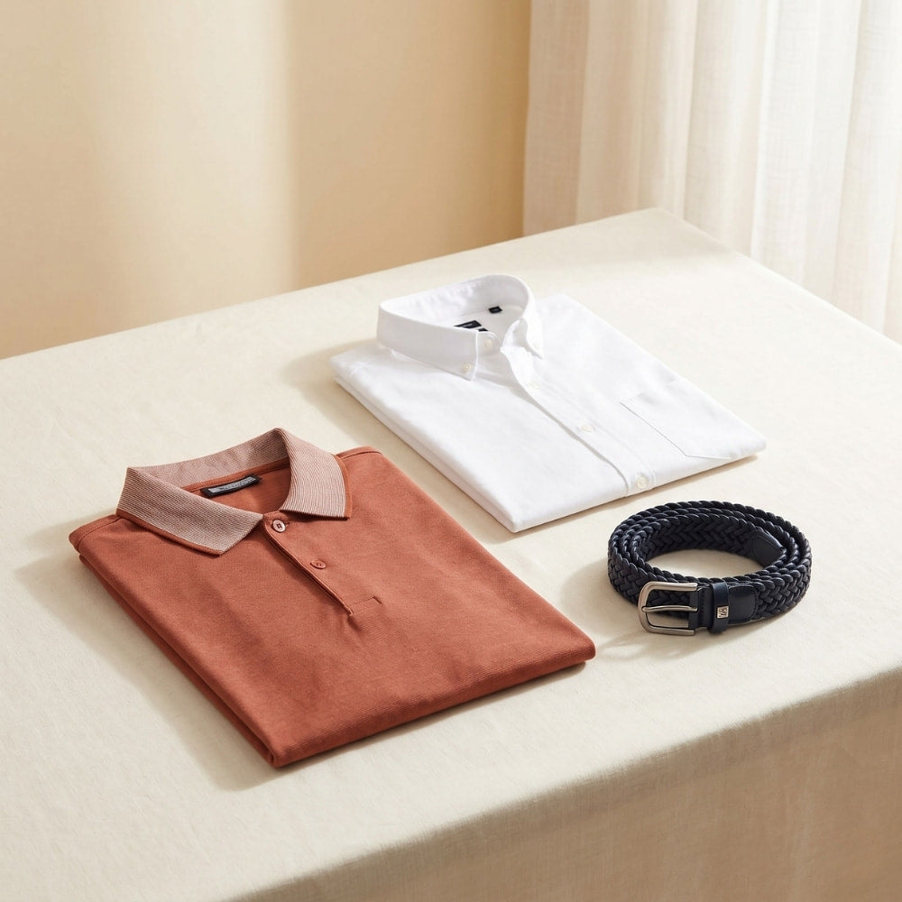 Folded brown shirt, white shirt, and black belt on a light surface with a neutral background