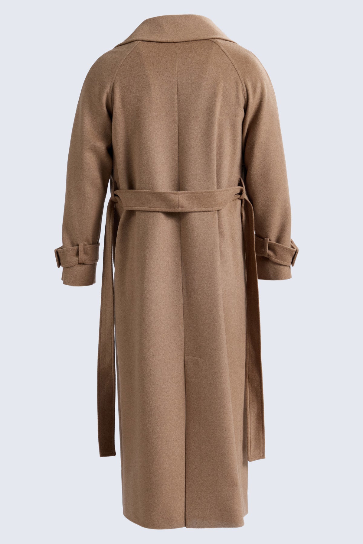 Sayki woman dynamic fit camel coat in classic wool blend with belted waist and rolled-up cuffs