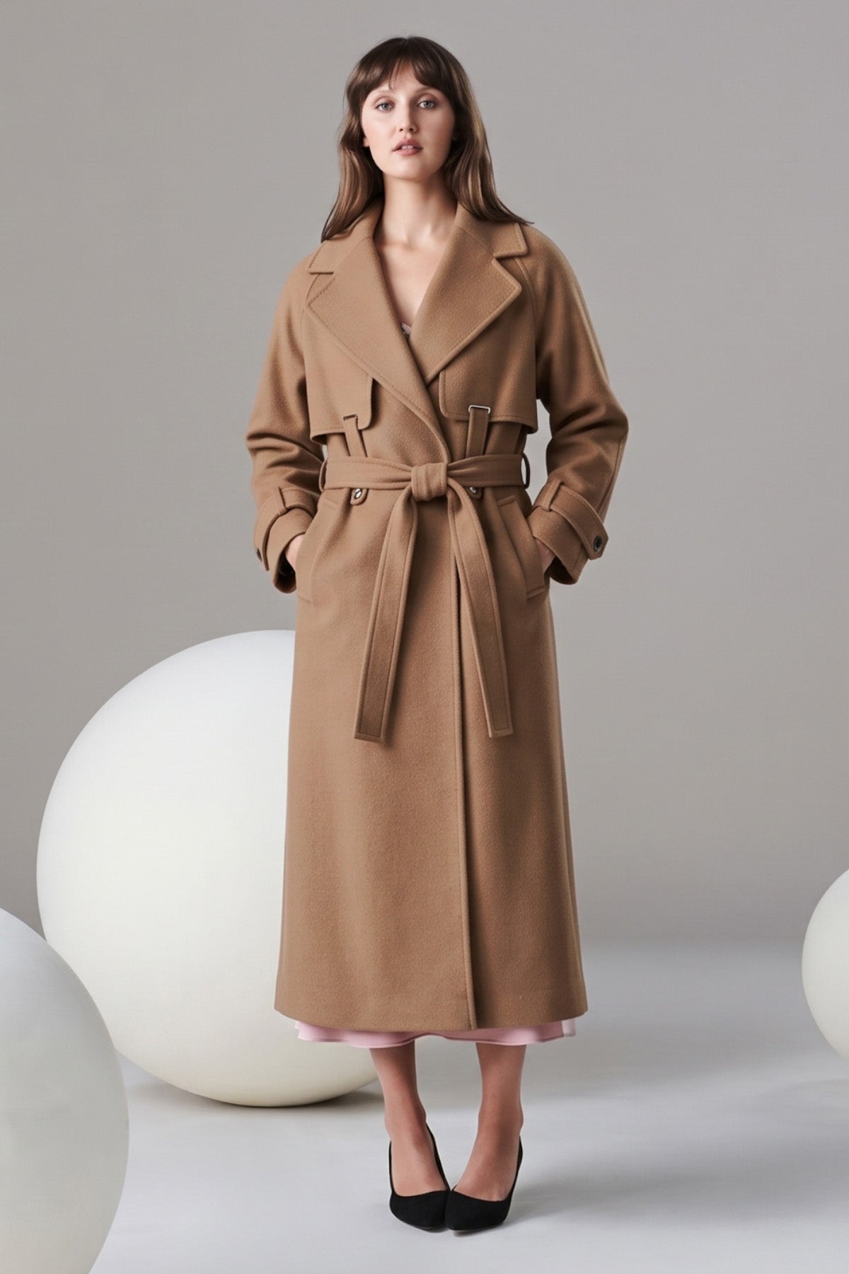 Sayki woman dynamic fit camel coat with belted waist classic collar made of cachet wool blend