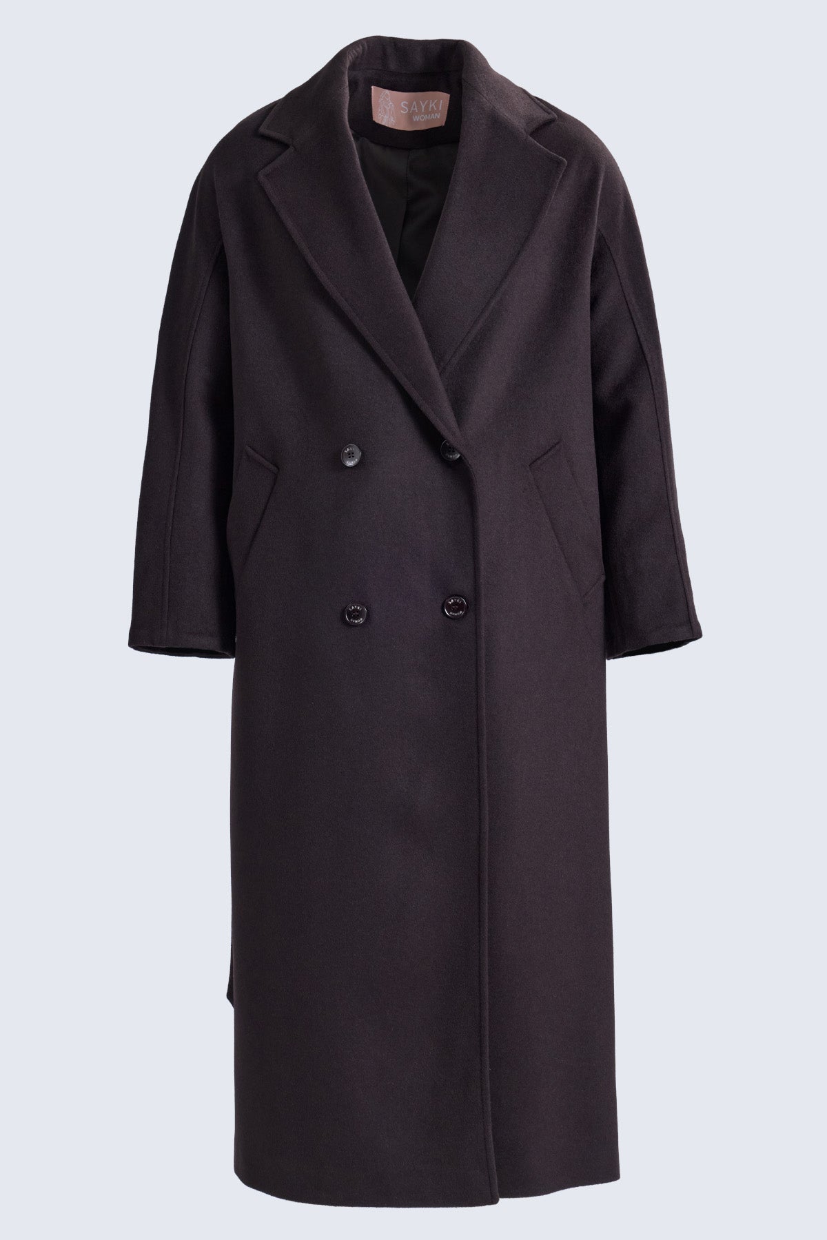 Black dynamic fit double-breasted coat with sleek minimalist design and matte finish from sayki woman dynamic collection