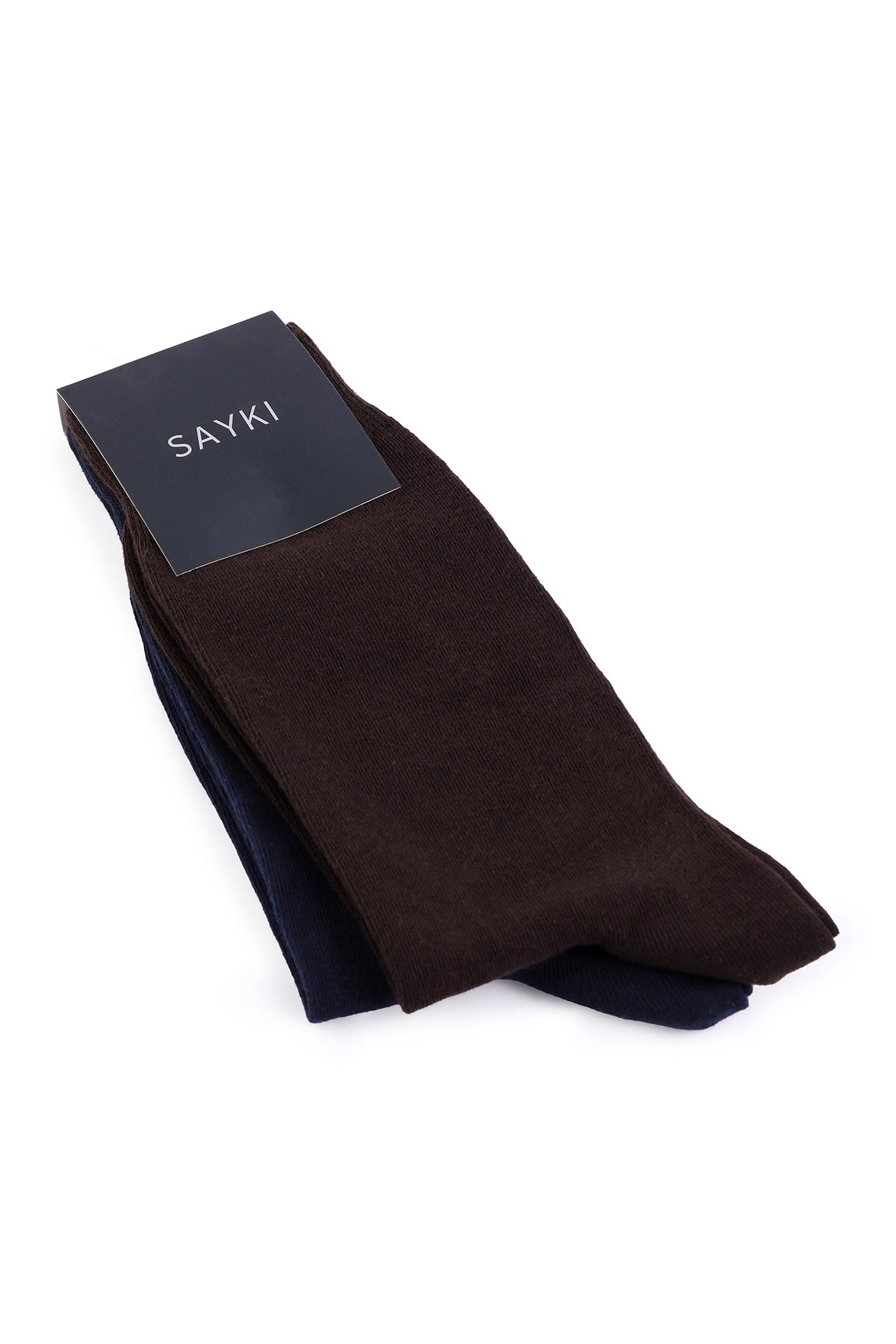 A pair of dark brown and navy blue crew socks from sayki, neatly folded with a branded tag.