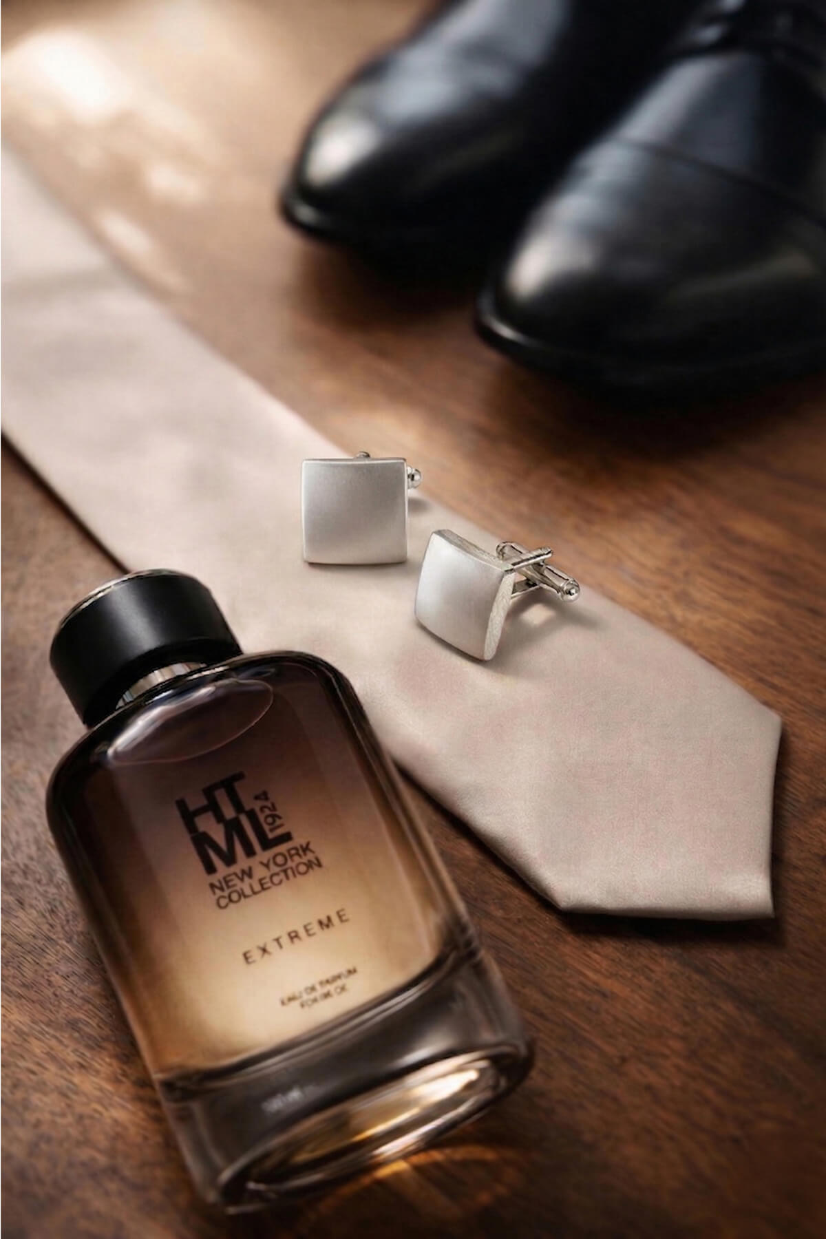 A sleek dark amber glass bottle of hit me new york extreme men’s perfume with a black cap and minimalist label