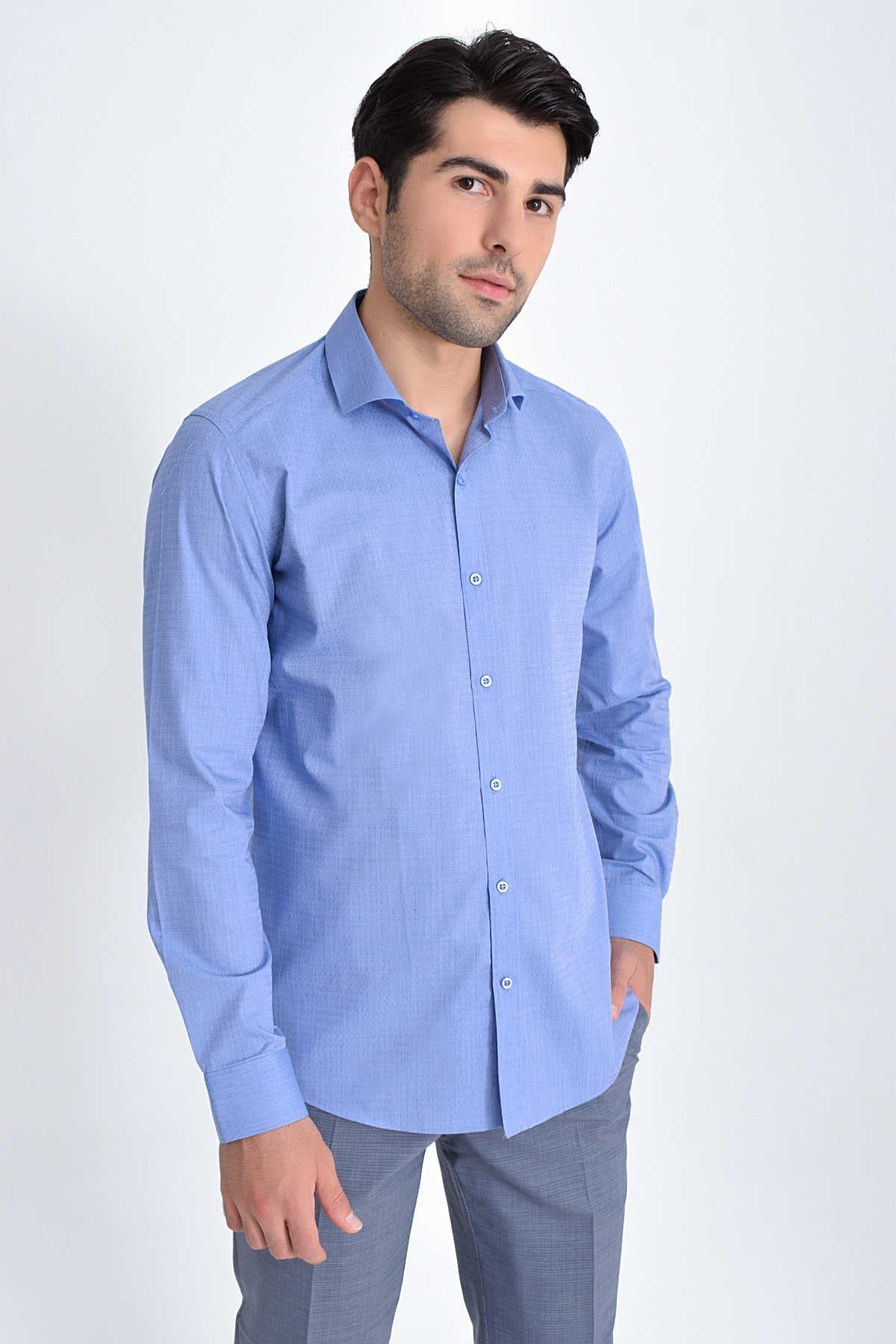 Slim Fit 100% Cotton Blue Dress Shirt - SAYKI
