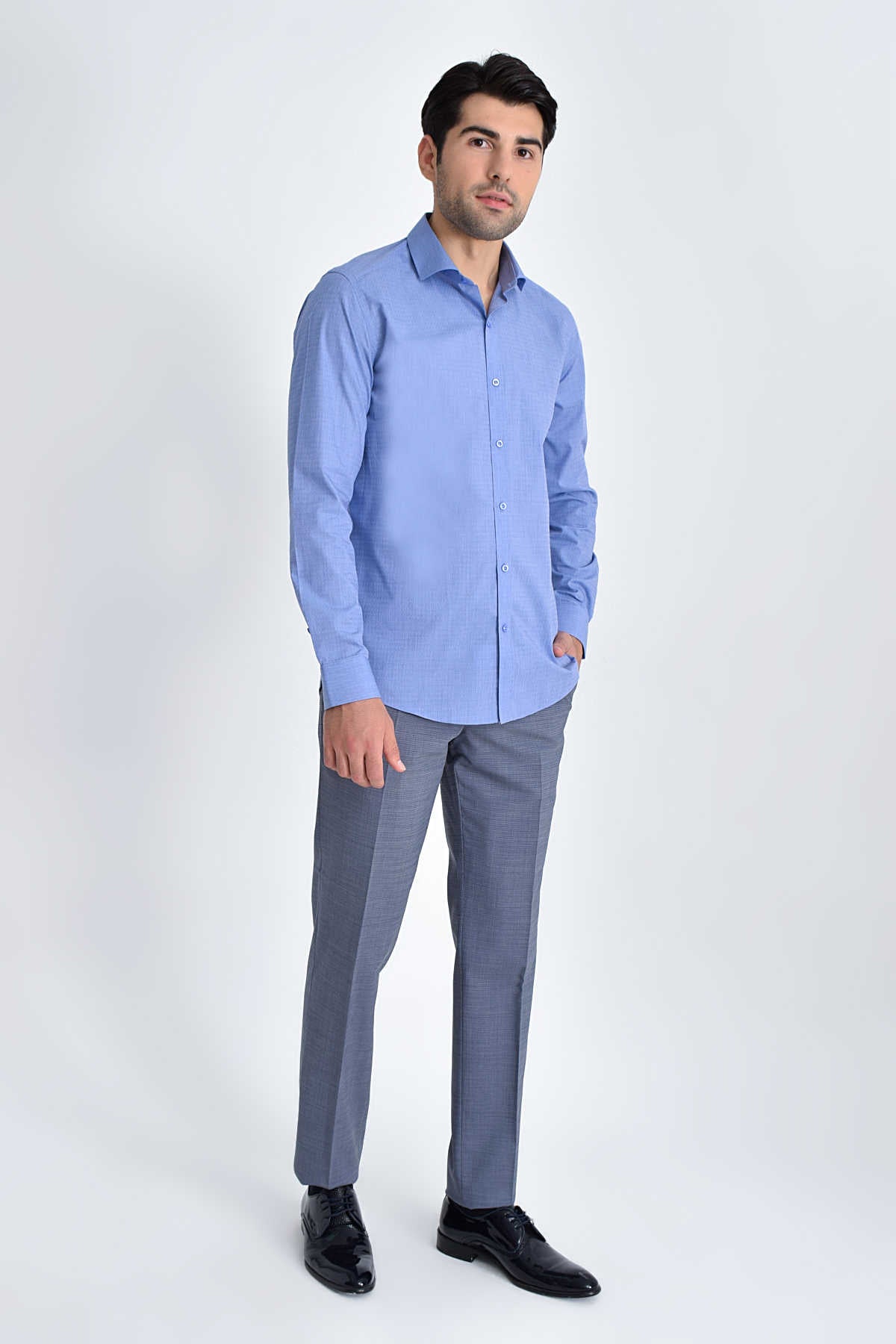 Slim Fit 100% Cotton Blue Dress Shirt - SAYKI