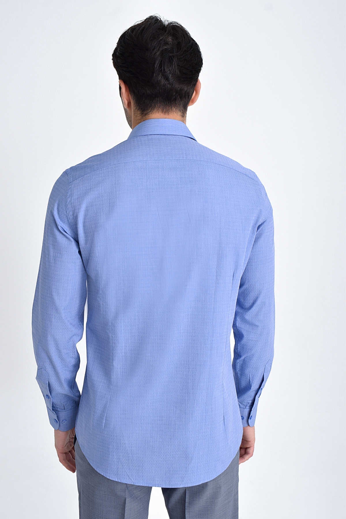 Slim Fit 100% Cotton Blue Dress Shirt - SAYKI