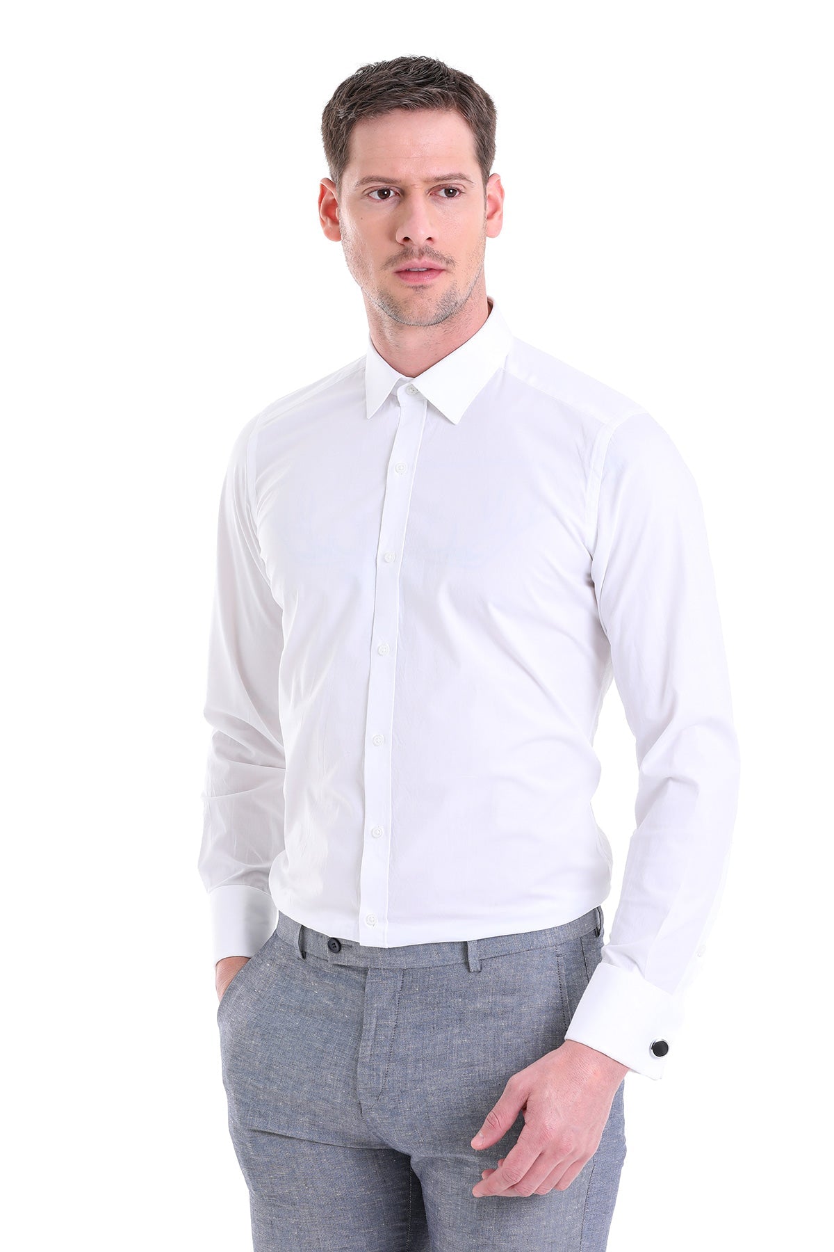 Slim Fit 100% Cotton French Cuff White Dress Shirt - SAYKI