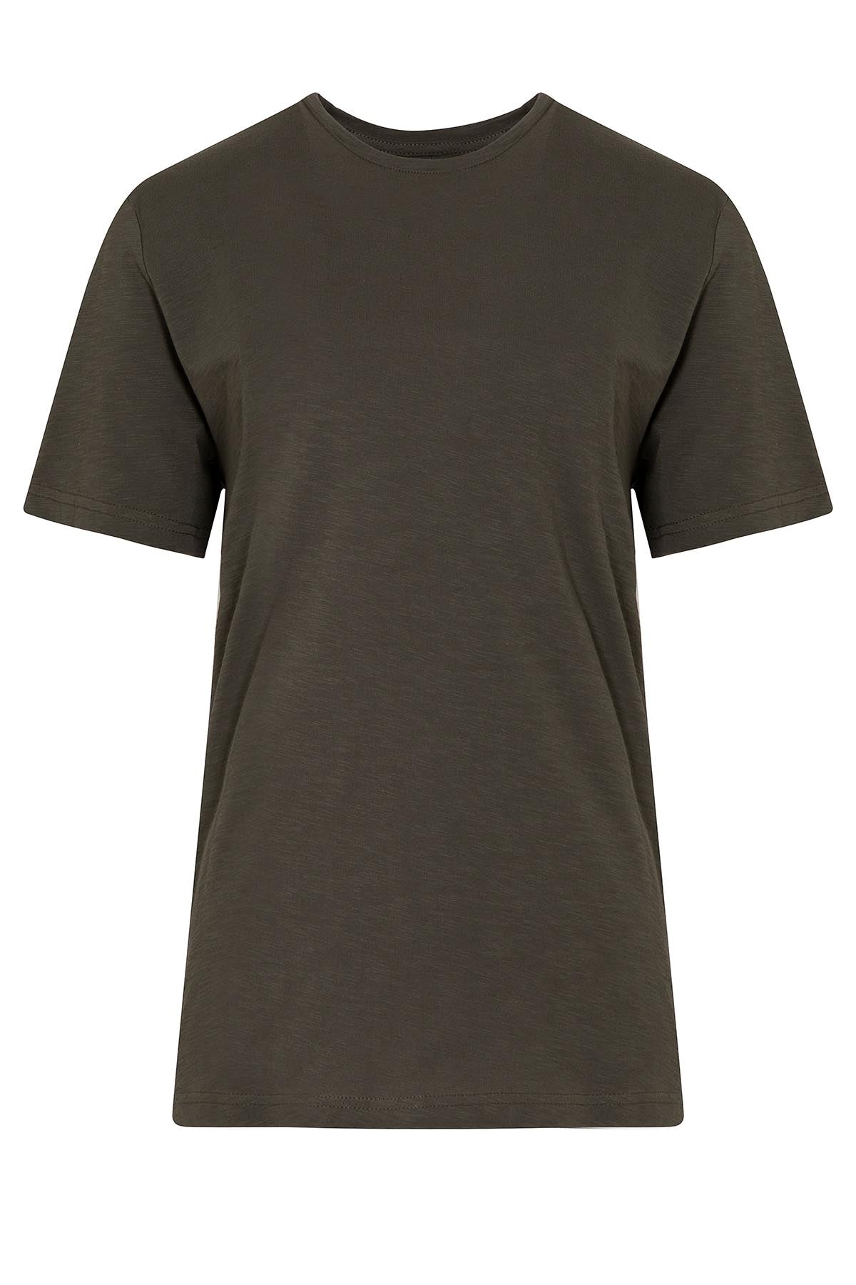 Slim Fit 100% Cotton Khaki Crew Neck T-Shirt - SAYKI