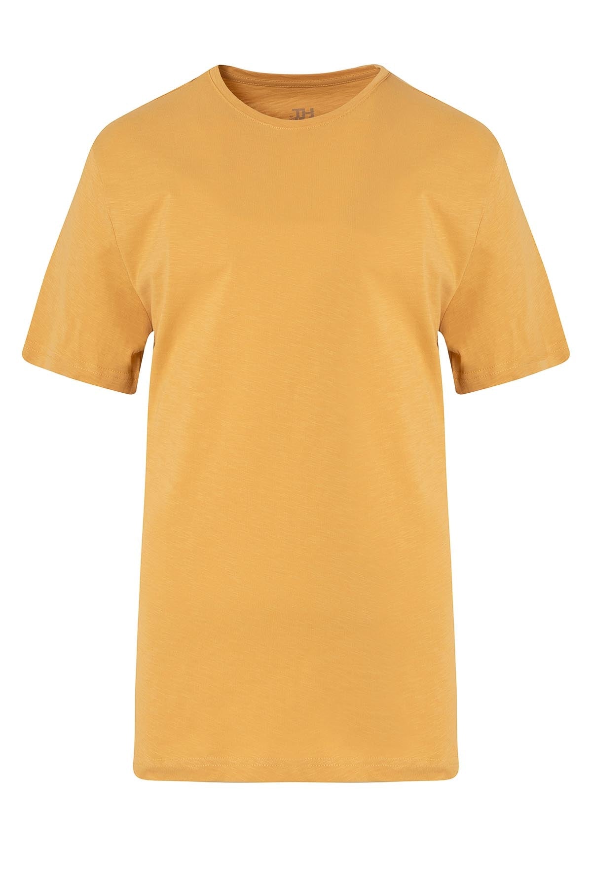 A plain mustard-yellow short-sleeved t-shirt with a simple crew neck design.