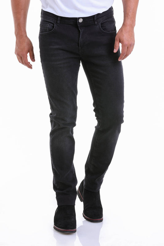 Black slim-fit denim jeans with a classic five-pocket design and silver button closure.