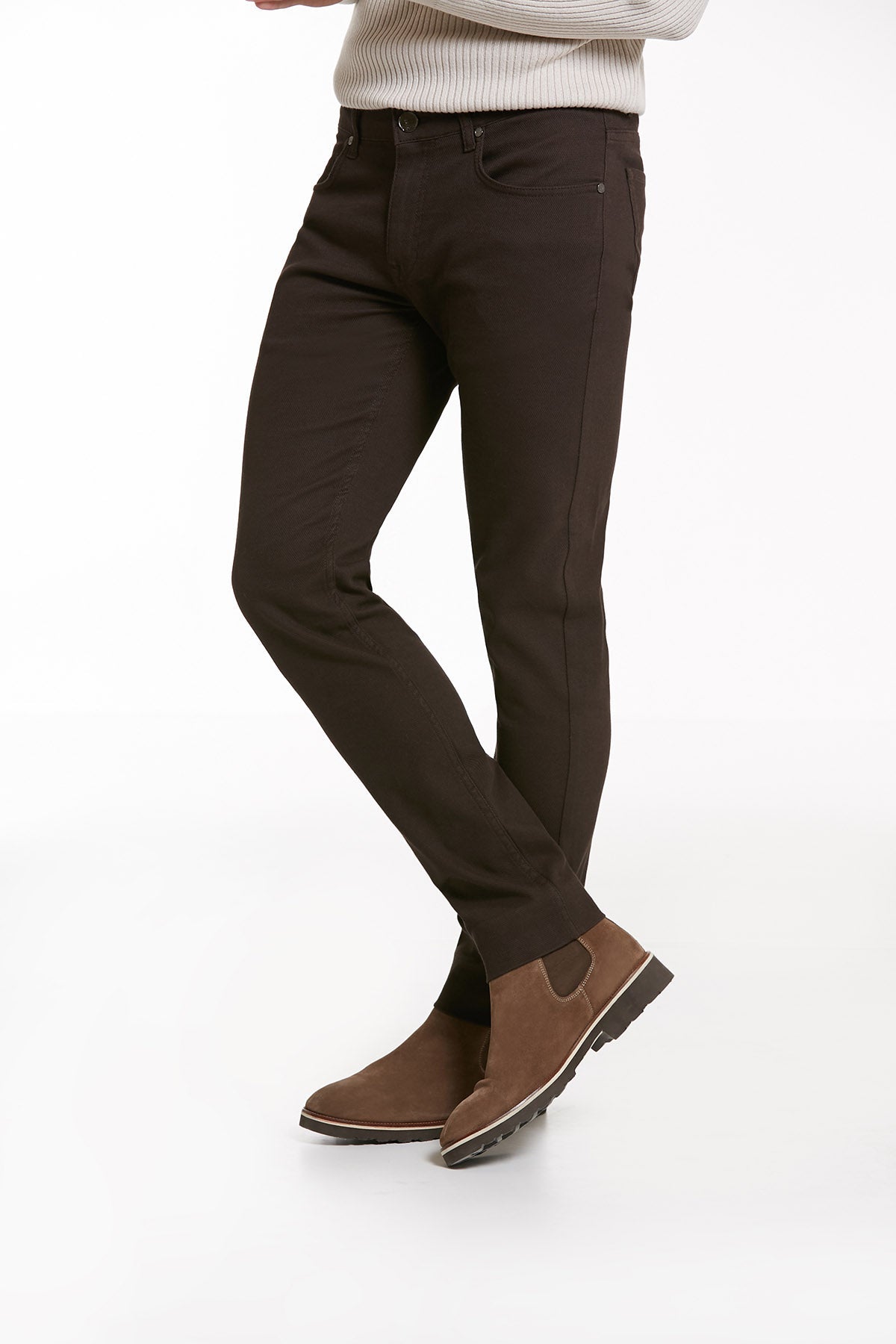 Slim Fit 5 Pocket Brown Cotton Casual Pants - SAYKI
