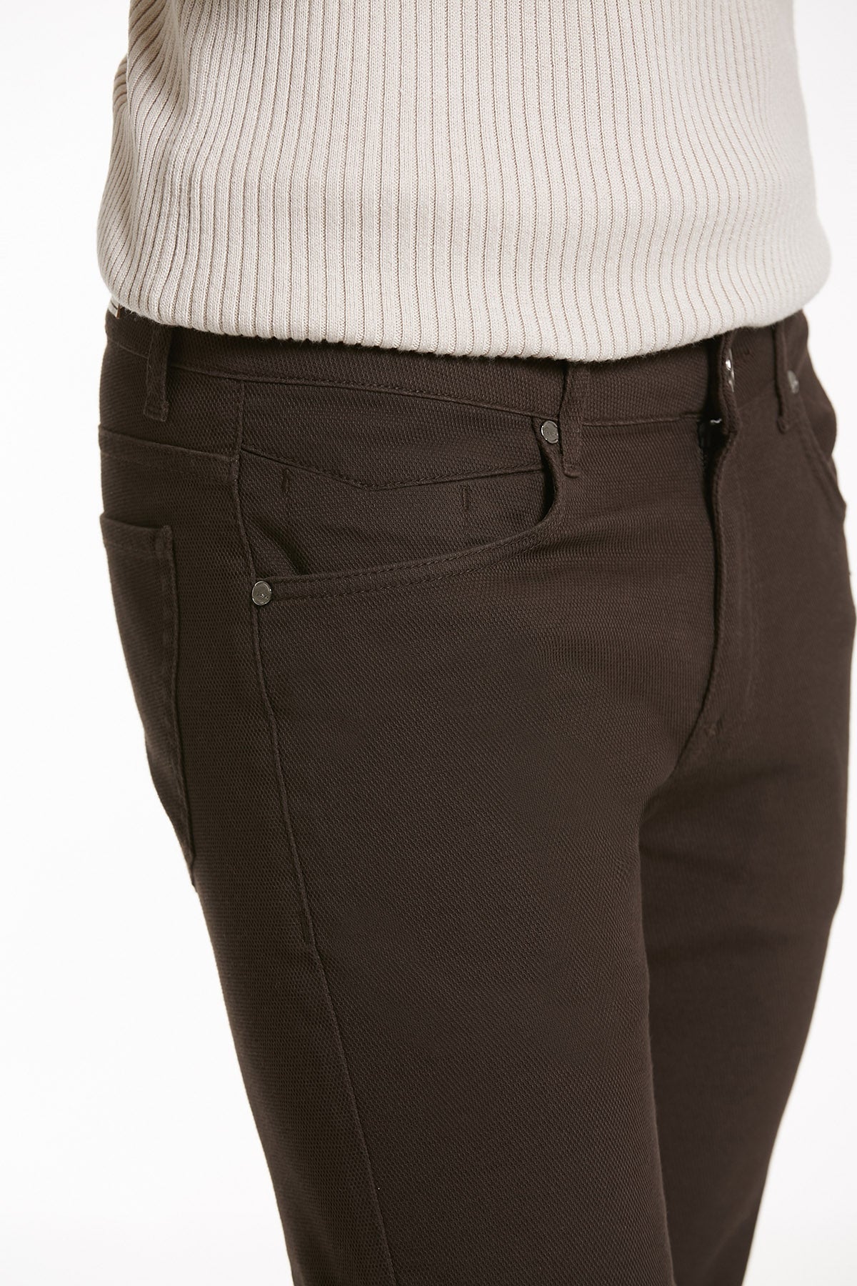 Slim Fit 5 Pocket Brown Cotton Casual Pants - SAYKI