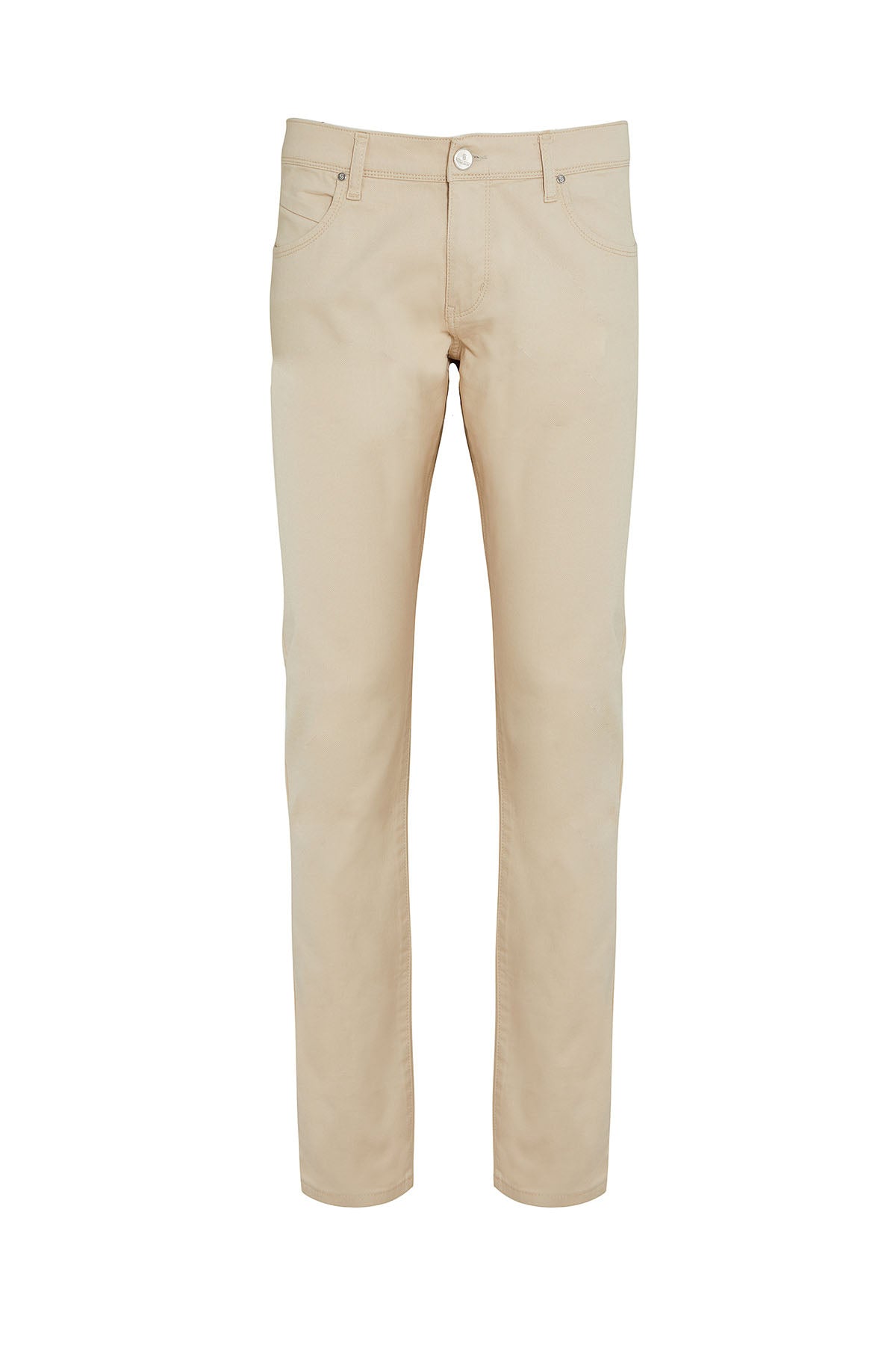 Beige chino trousers with a classic straight-leg cut and button closure.