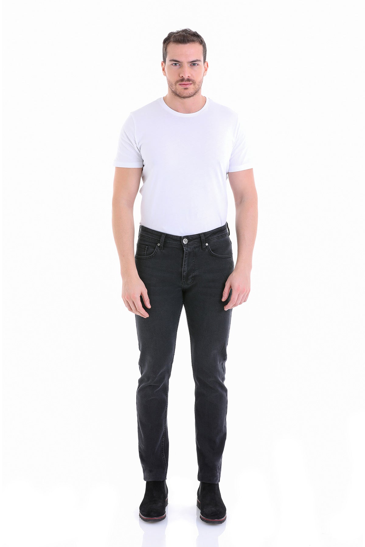 Black slim-fit denim jeans with a classic five-pocket design and subtle fading at the thighs.