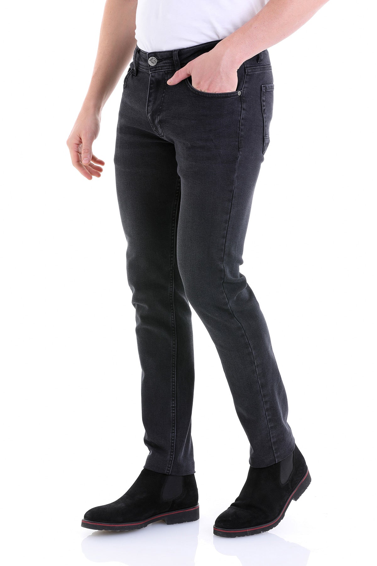 Slim Fit 5 Pocket Low Waist Charcoal Cotton Denim - SAYKI