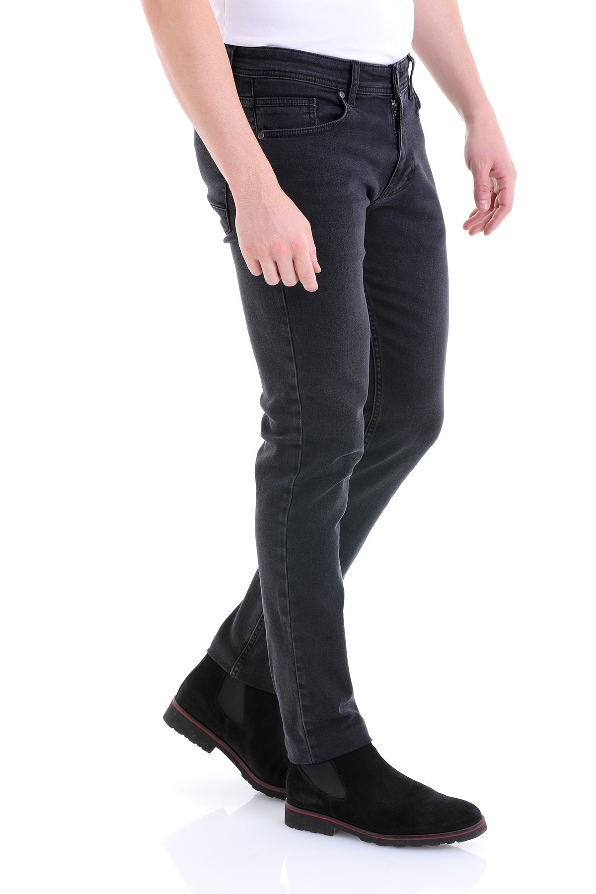 Black slim-fit denim jeans with a classic five-pocket design and subtle fading at the thighs.