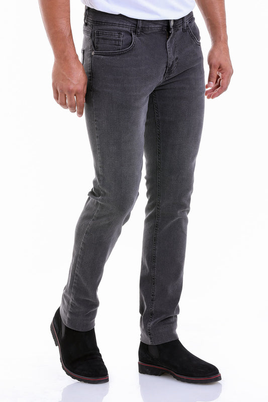 Dark gray slim-fit denim jeans with a classic five-pocket design and subtle fading for a worn-in look.