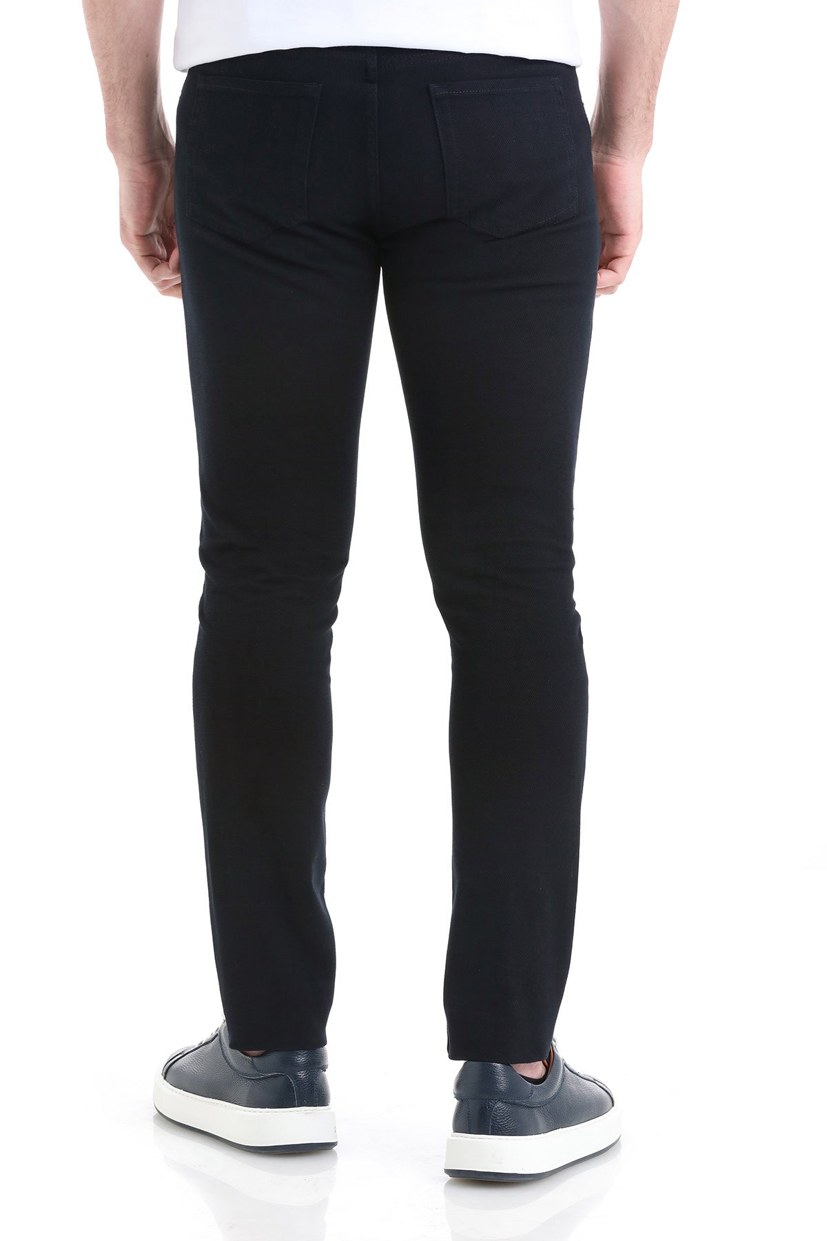 Black slim-fit jeans with a clean, modern cut and subtle stitching details.
