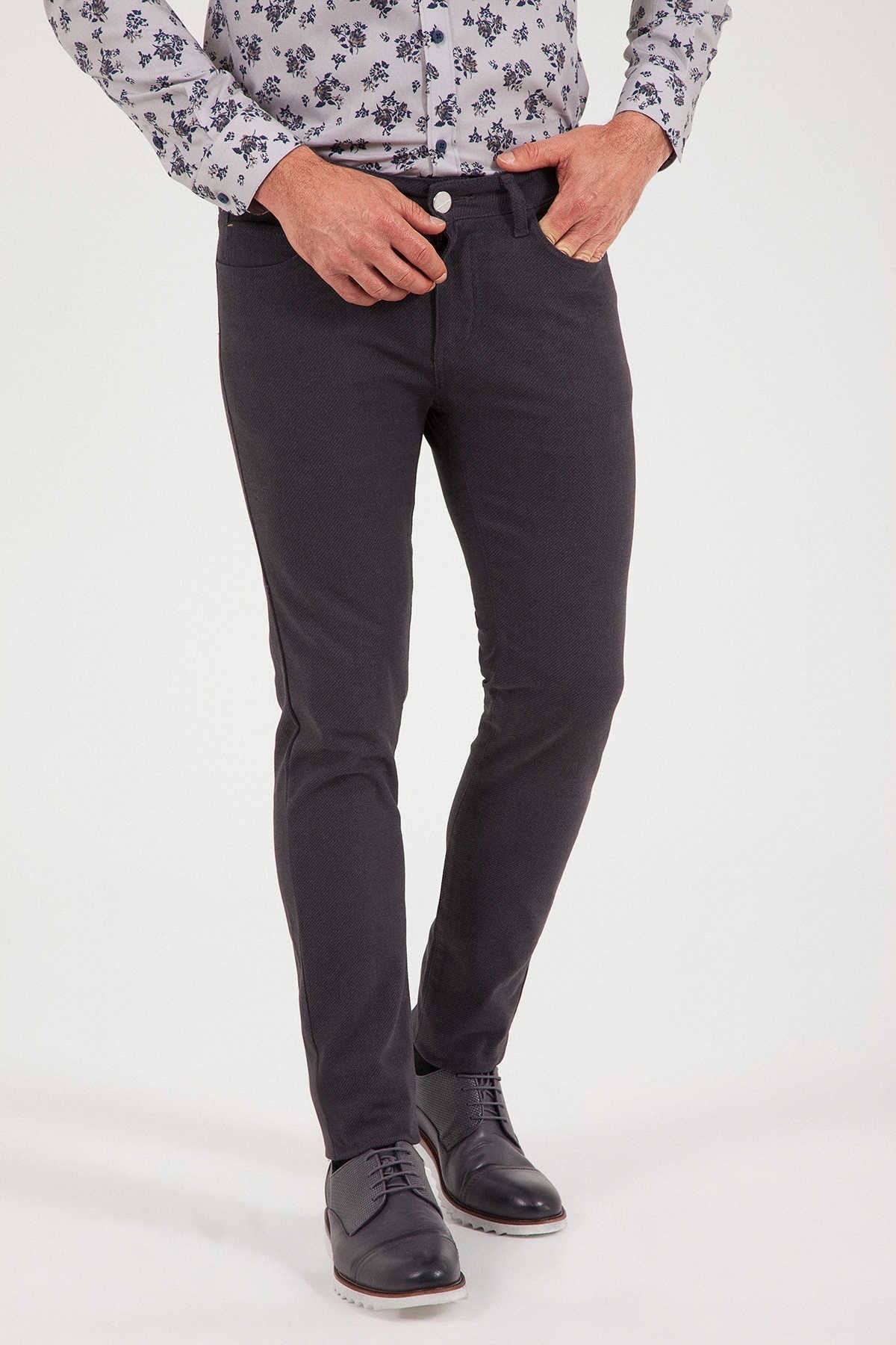 Slim Fit 5 Pocket Low Waist Gray Cotton Casual Pants - SAYKI