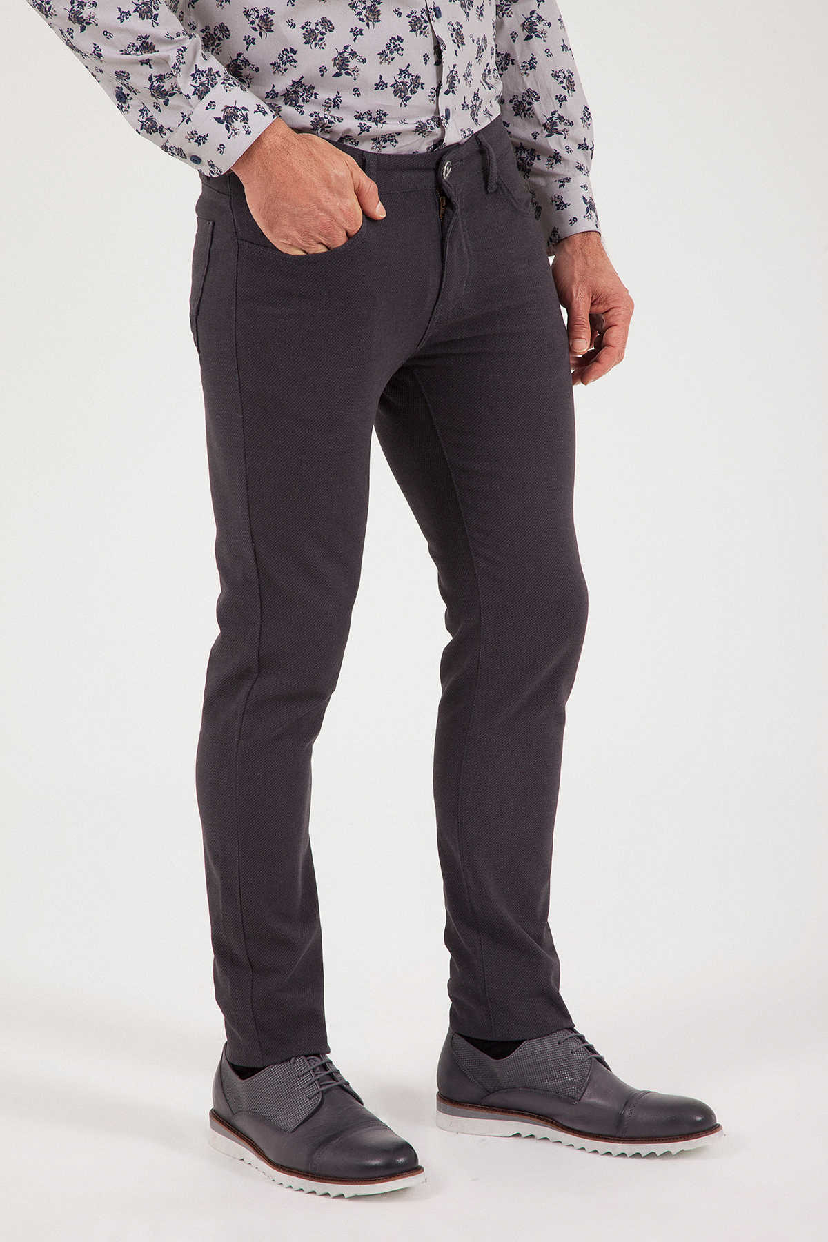 Slim Fit 5 Pocket Low Waist Gray Cotton Casual Pants - SAYKI