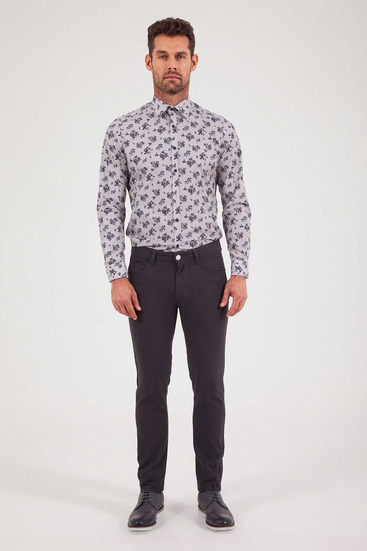 Slim Fit 5 Pocket Low Waist Gray Cotton Casual Pants - SAYKI